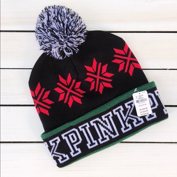 NWT VS PINK Logo Winter Pom Pom Hat - Picture 1 of 3
